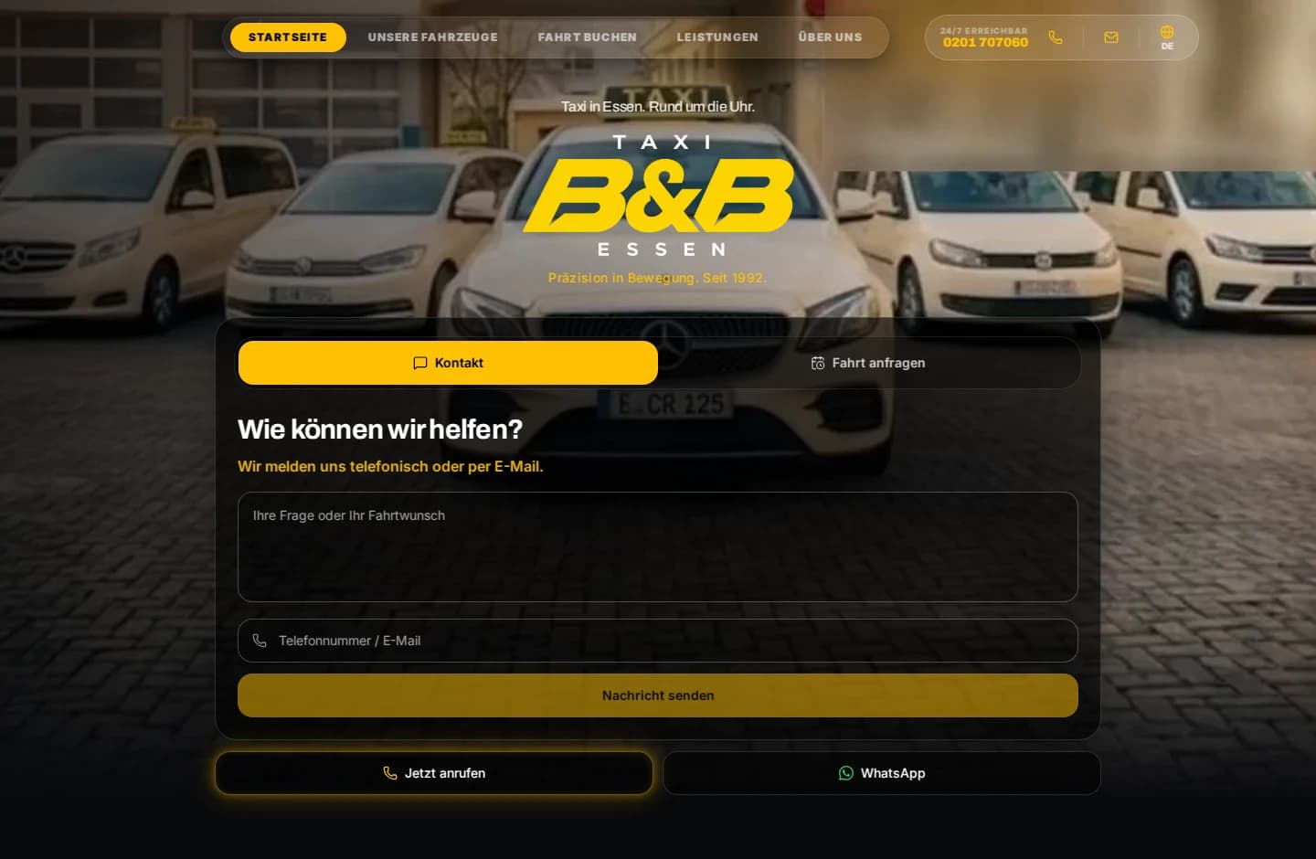 Die Website von Taxi B&B Essen in der Desktop-Ansicht mit Anfrageformular.
