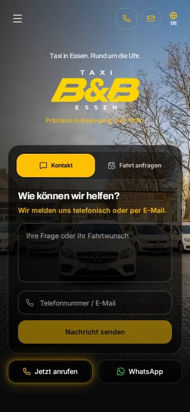 Dieselbe Taxi-B&B-Website auf dem Handy mit Anfrageformular, Anruf- und WhatsApp-Schaltfläche.