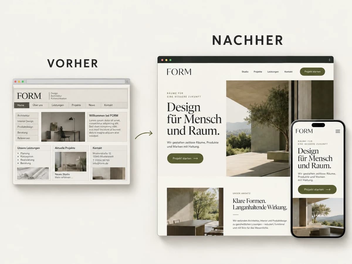 Konzeptillustration eines Website-Redesigns: links die ältere, überladene Website des fiktiven Studios FORM; rechts ein modernes, klares Layout mit passender Smartphone-Ansicht.