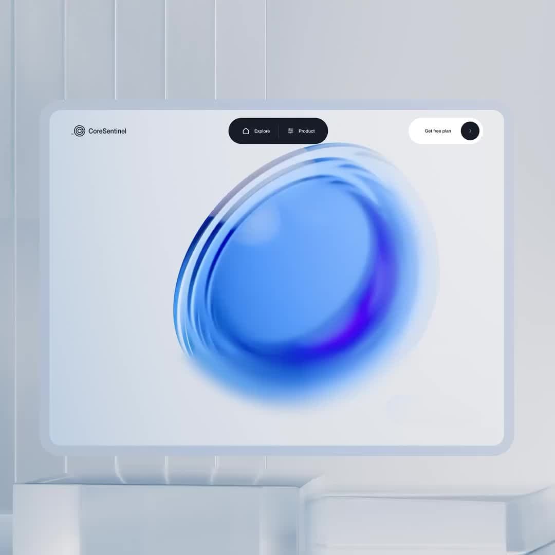 Website-Design CoreSentinel mit einem blauen, dreidimensionalen Glasobjekt auf hellem Hintergrund.