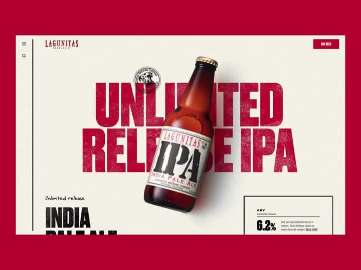 Website-Design für Lagunitas IPA mit Bierflasche, roter Typografie und cremefarbenem Hintergrund.