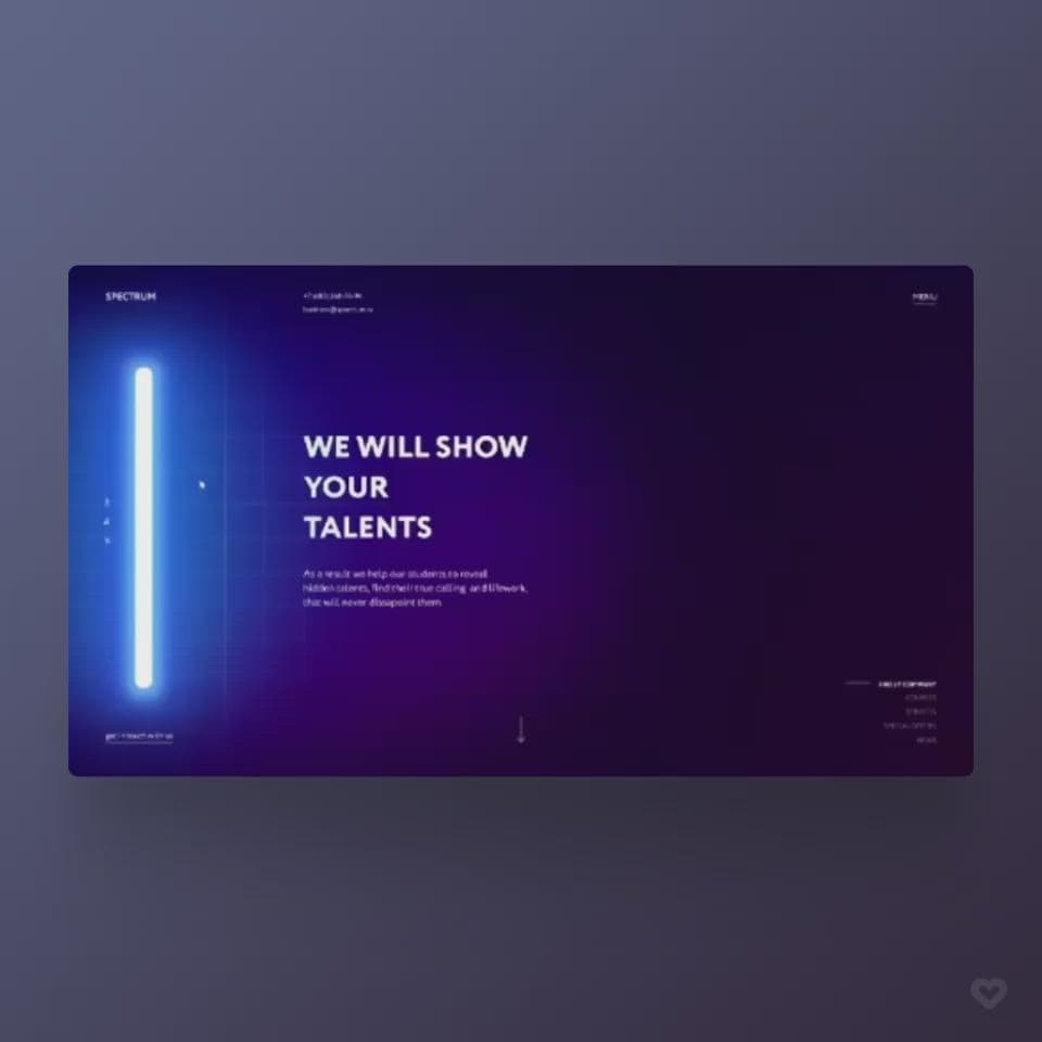 Website-Design Spectrum mit violettem Farbverlauf, weißer Typografie und blauem Lichtstreifen.