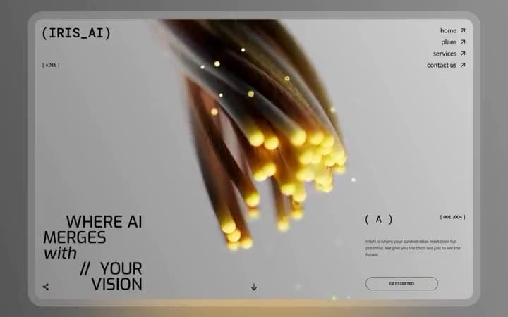 Website-Design IRIS AI mit metallischer Roboterhand und leuchtenden Fingerspitzen.