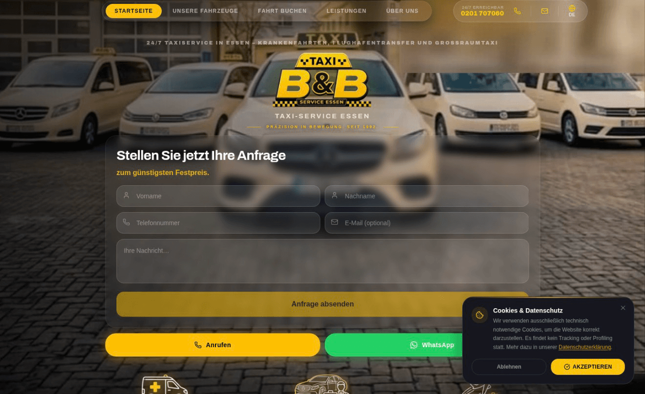 Booking flow and home page of taxibbessen.de
