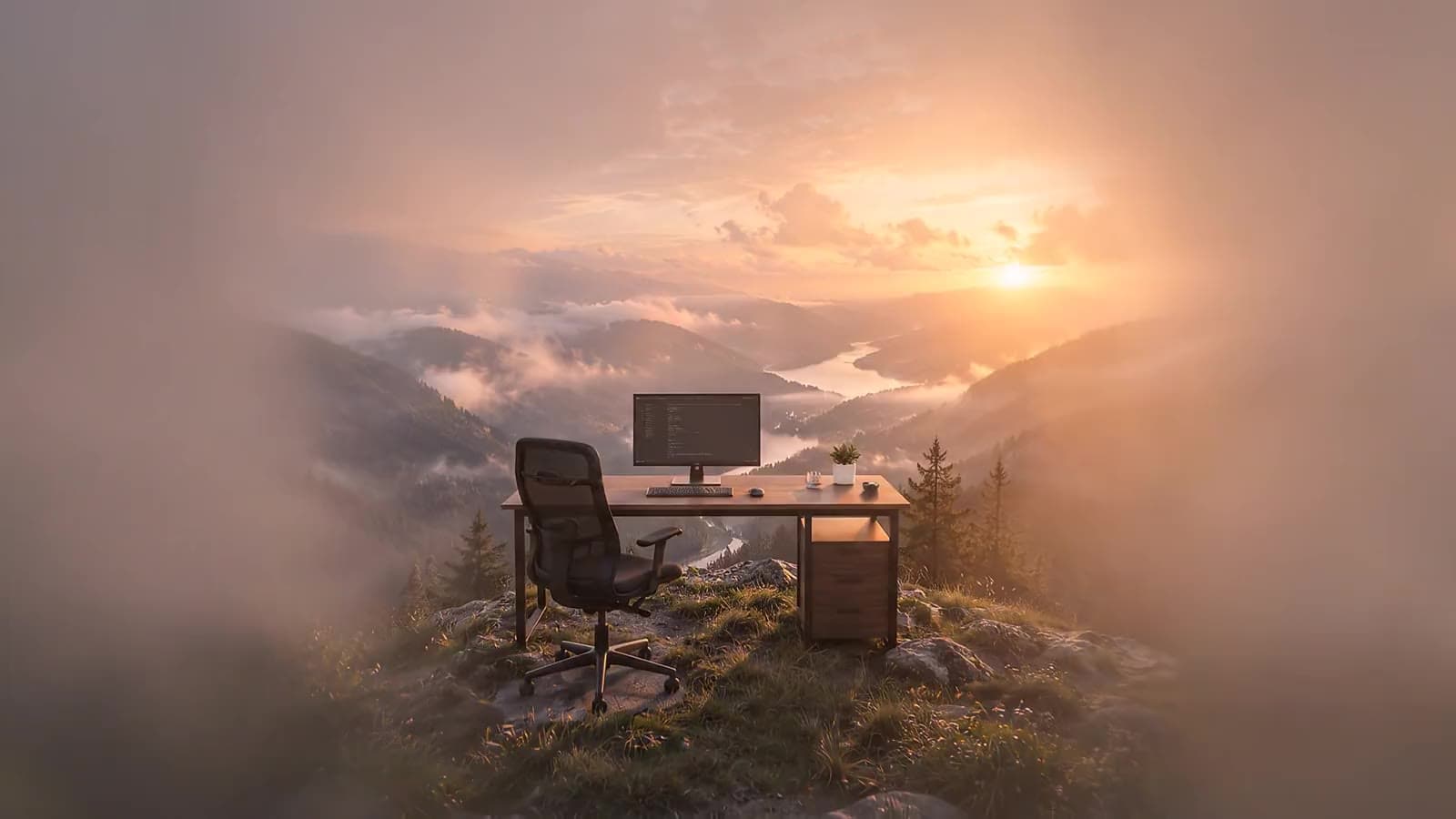 A desk on a mountain top above the clouds, with the sun rising over the valleys behind it.